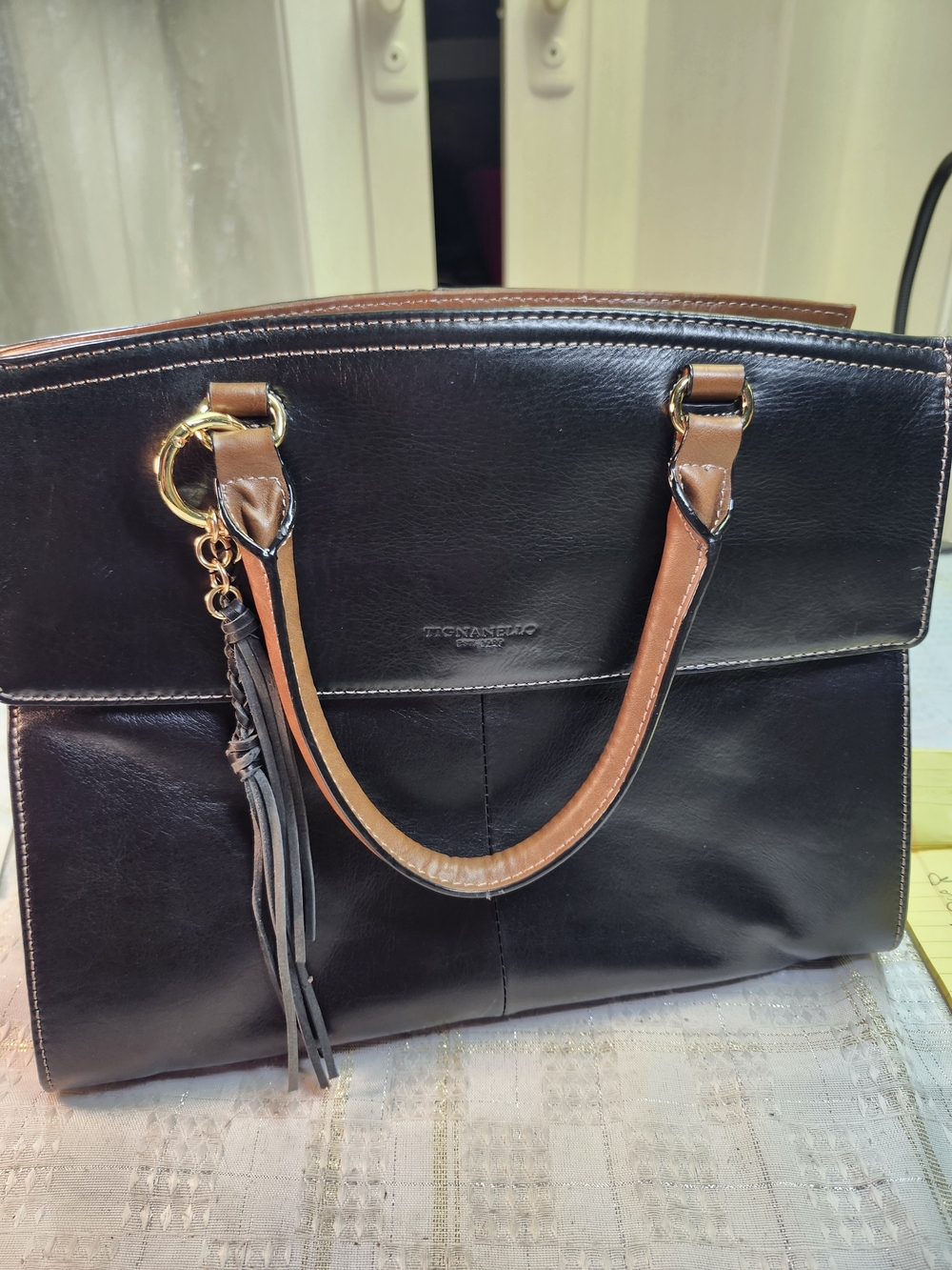 Tignanello Black Tote with Brown Trim and Tassel